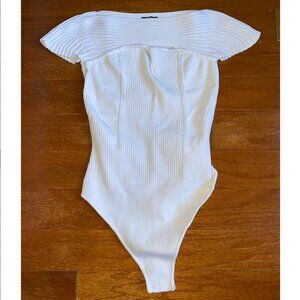 Express Ladies White Ribbed Cutout Bodysuit